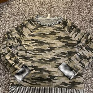 Camo Print Long Sleeve Sweater with Striped Trim